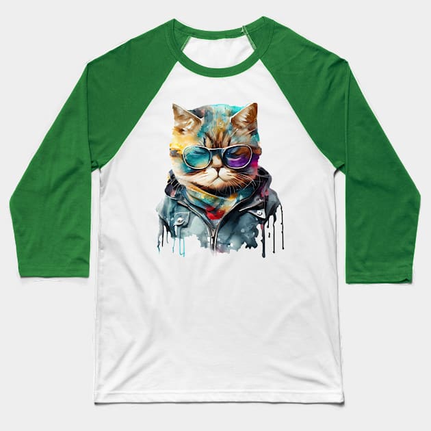 Cool Cat Watercolor Baseball T-Shirt by Happii Pink